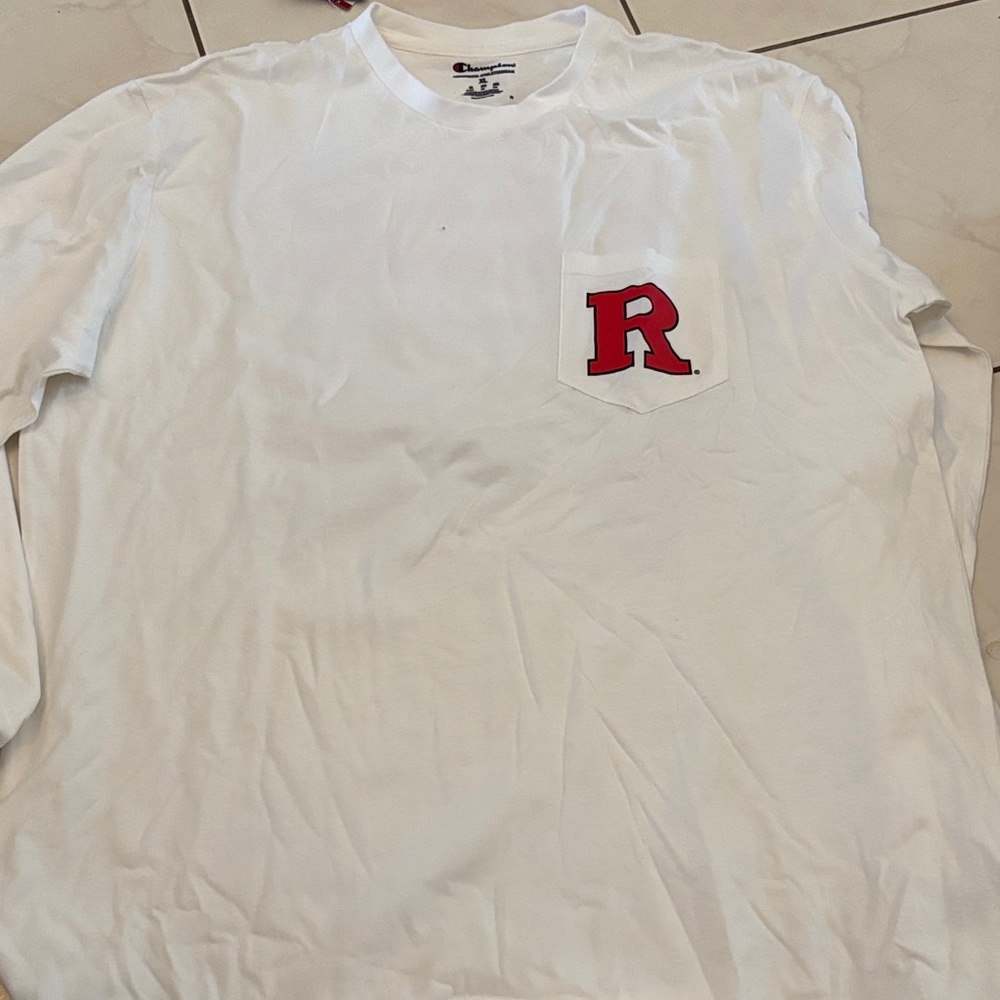 Champion White Long Sleeve Tee with Red Lettering